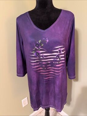 Source Unknown Purple Floral Heart Cutout V-Neck Long Sleeve Top